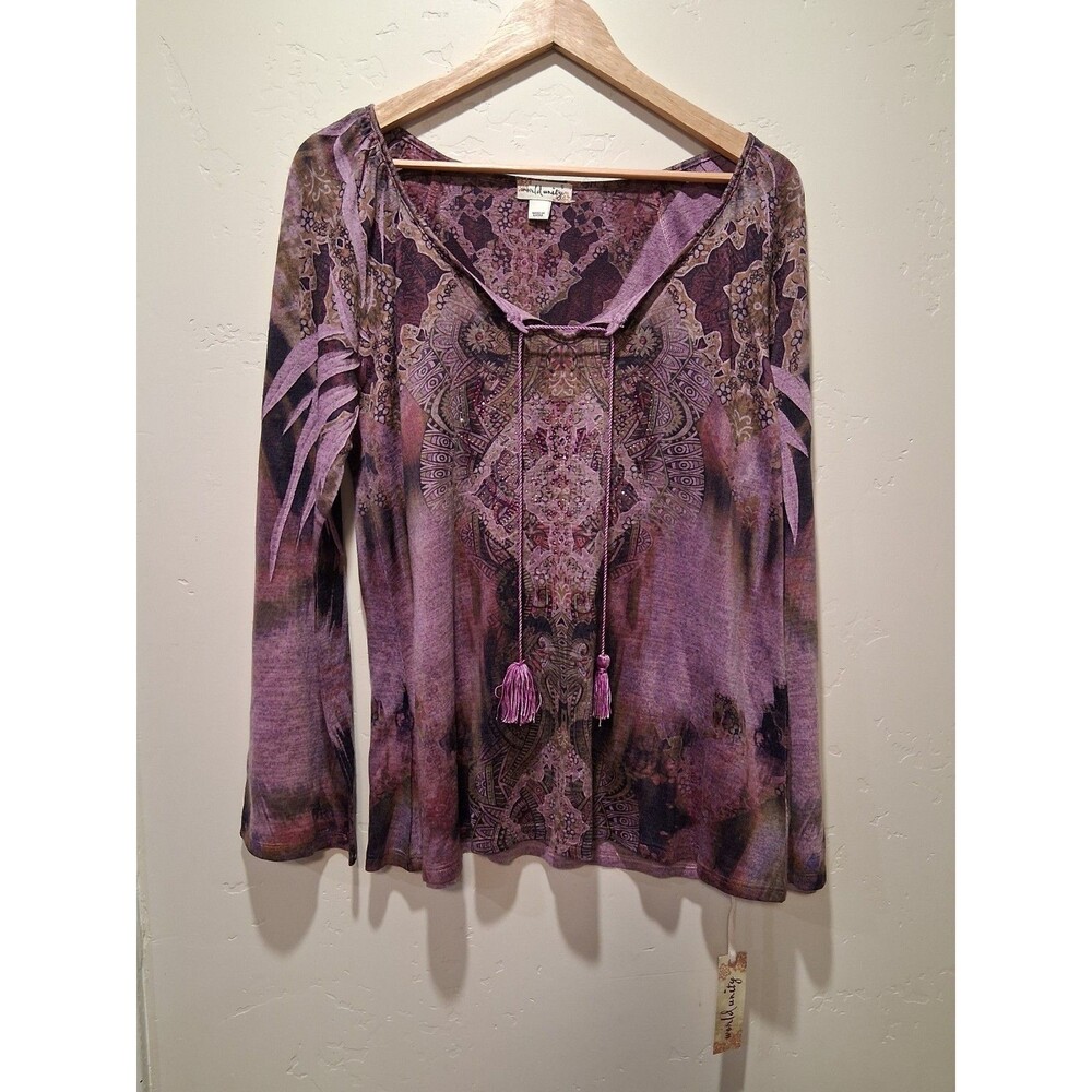 World Unity Wmns Sz Sm Purple Long Slv Tunic Keyhole Boho Studded Hippie Tassel